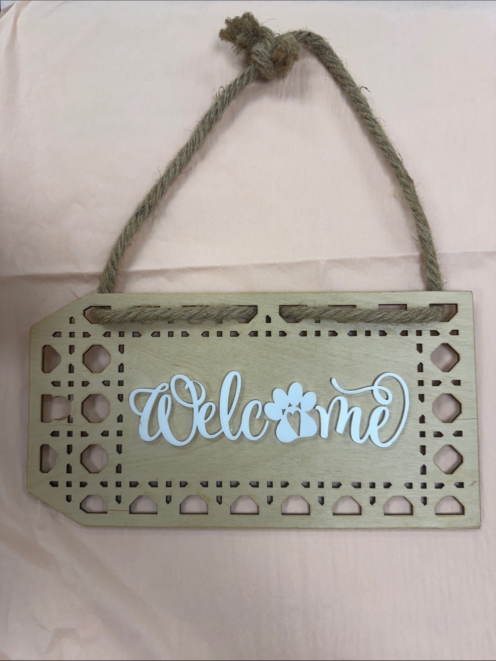 Wooden 'Welcome' Hanging Sign with Jute Rope - Natural and White
